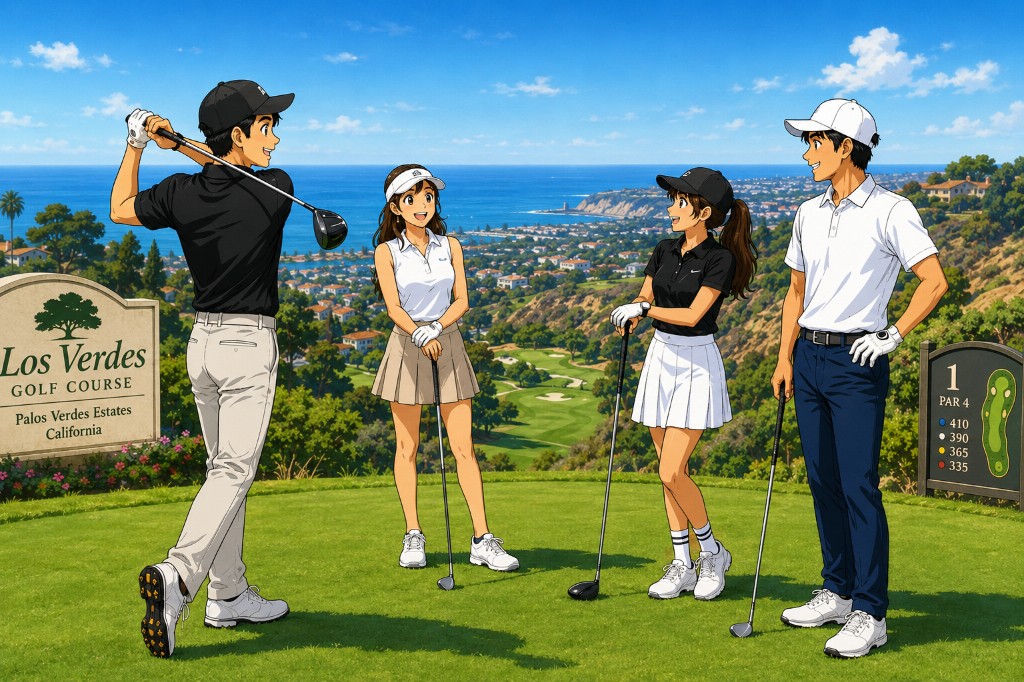 アニメ調イラスト：4人のゴルファーがカリフォルニア沿岸のゴルフコースでプレーしている様子